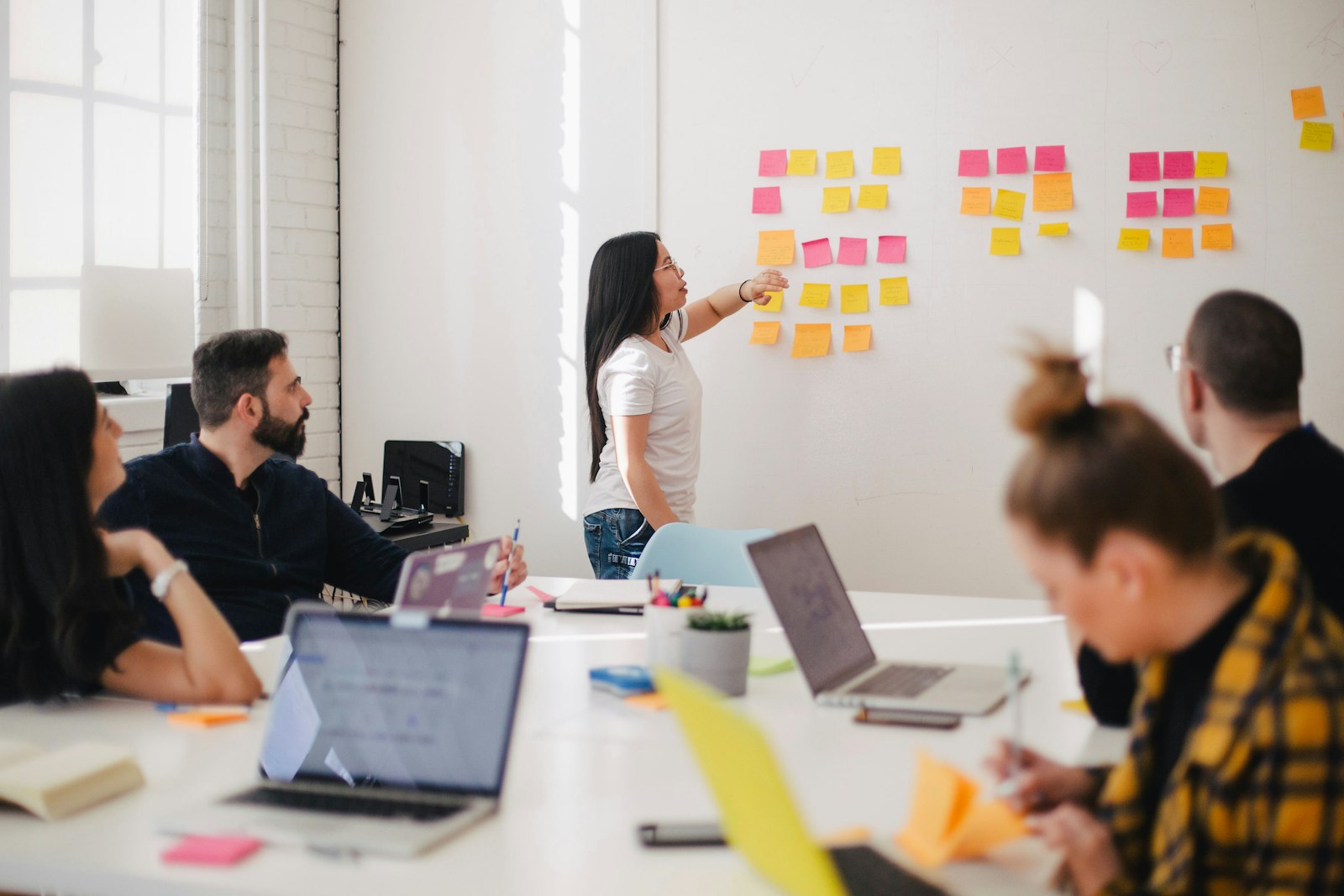 A planning session underway, with requirements mapped out on a wall of sticky notes